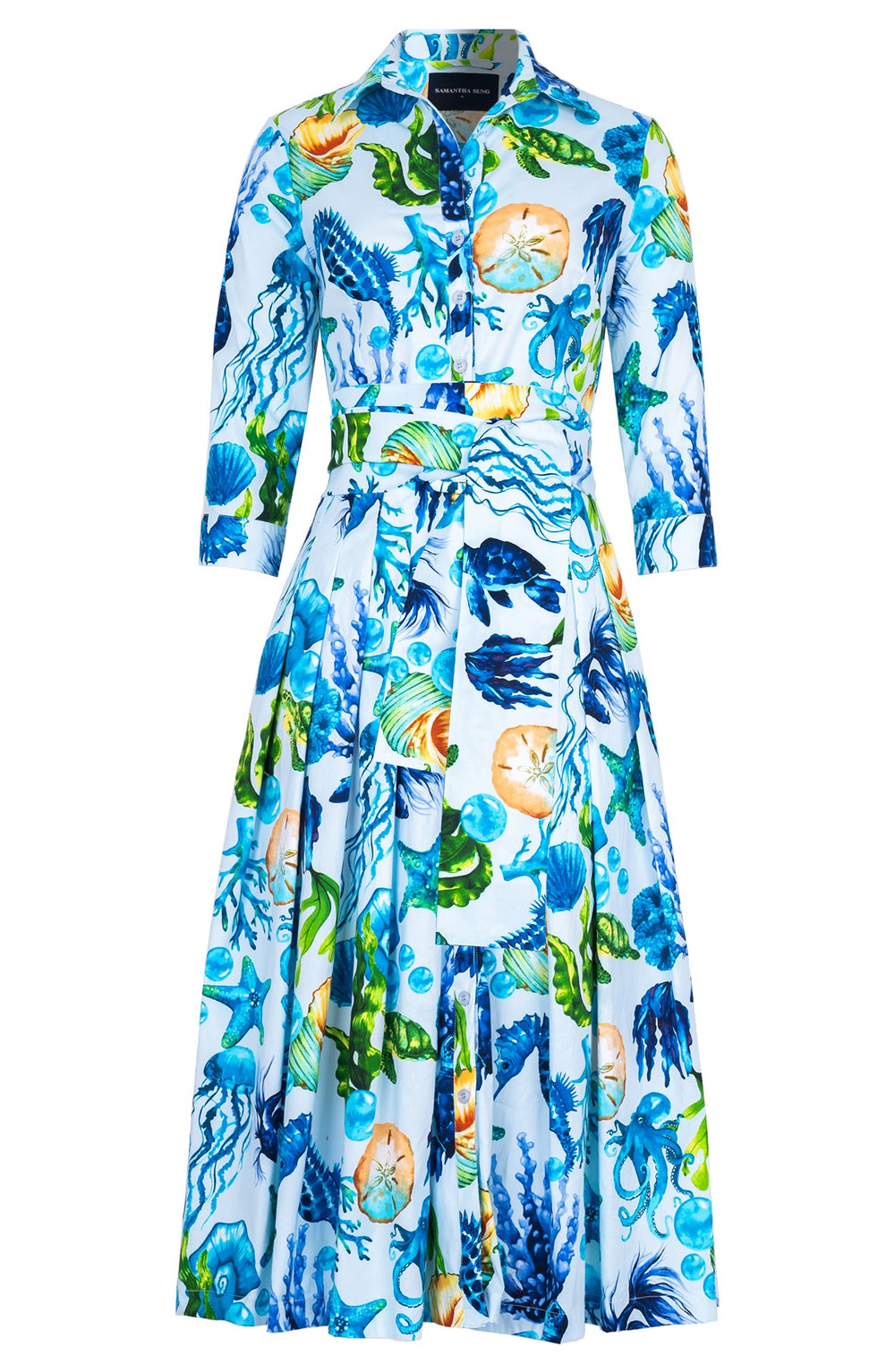Audrey Dress #4 Shirt Collar 3/4 Sleeve Midi Length Cotton Stretch (Under The Sea)