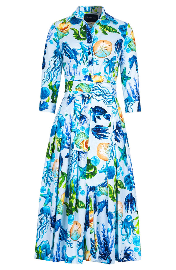 Audrey Dress #4 Shirt Collar 3/4 Sleeve Midi Length Cotton Stretch (Under The Sea)