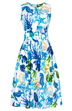 Abelia Dress Crew Neck Sleeveless Long Length Cotton Stretch (Under The Sea)