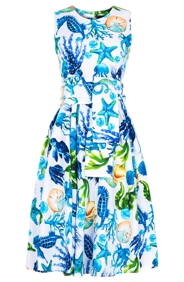 Abelia Dress Crew Neck Sleeveless Long Length Cotton Stretch (Under The Sea)