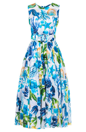 Aster Dress Crew Neck Sleeveless Midi Plus Length Cotton Musola (Under The Sea)