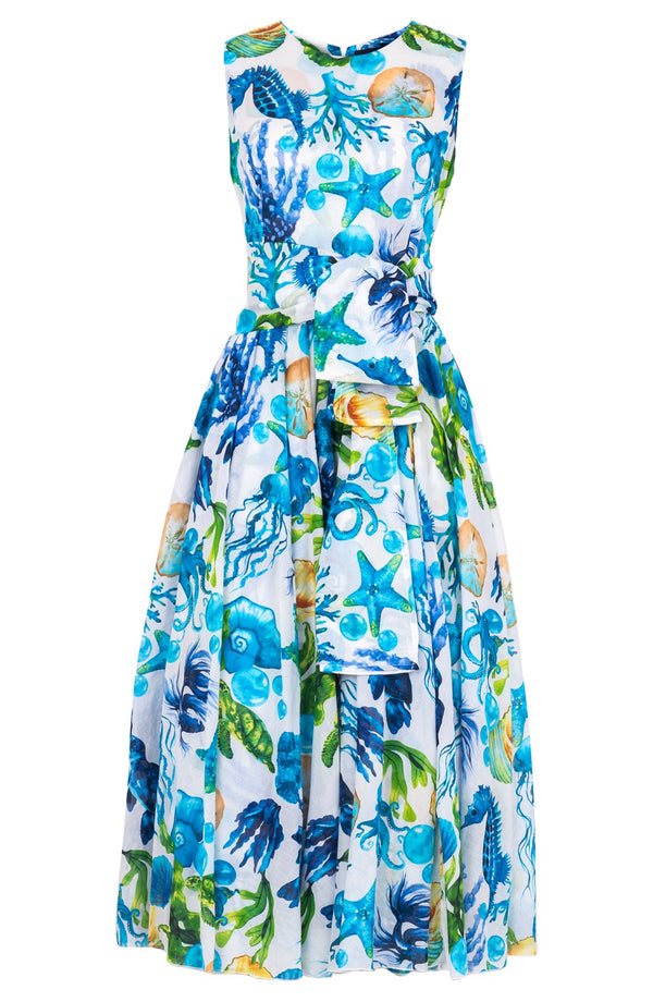 Aster Dress Crew Neck Sleeveless Midi Plus Length Cotton Musola (Under The Sea)