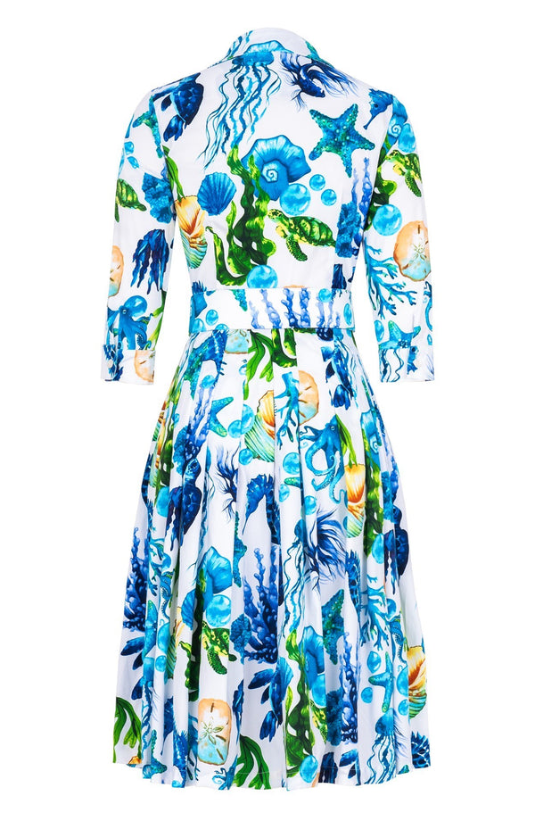 Audrey Dress #4 Shirt Collar 3/4 Sleeve Long Length Cotton Stretch (Under The Sea)