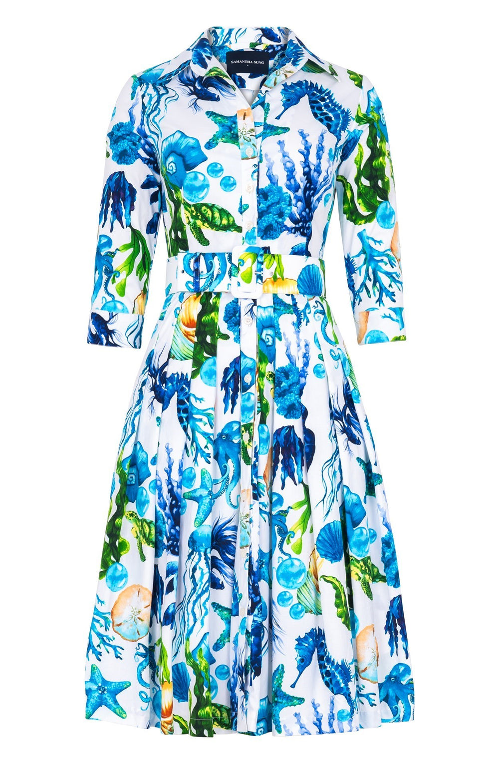 Audrey Dress #4 Shirt Collar 3/4 Sleeve Long Length Cotton Stretch (Under The Sea)