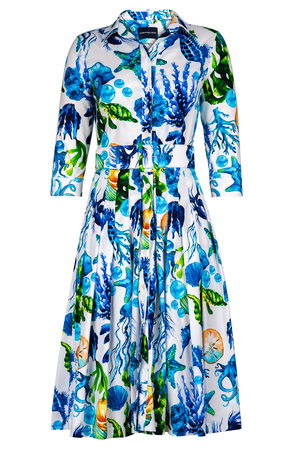 Audrey Dress #4 Shirt Collar 3/4 Sleeve Long Length Cotton Stretch (Under The Sea)