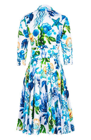 Audrey Dress #4 Shirt Collar 3/4 Sleeve Long Length Cotton Stretch (Under The Sea)