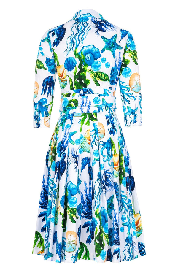Audrey Dress #4 Shirt Collar 3/4 Sleeve Long Length Cotton Stretch (Under The Sea)