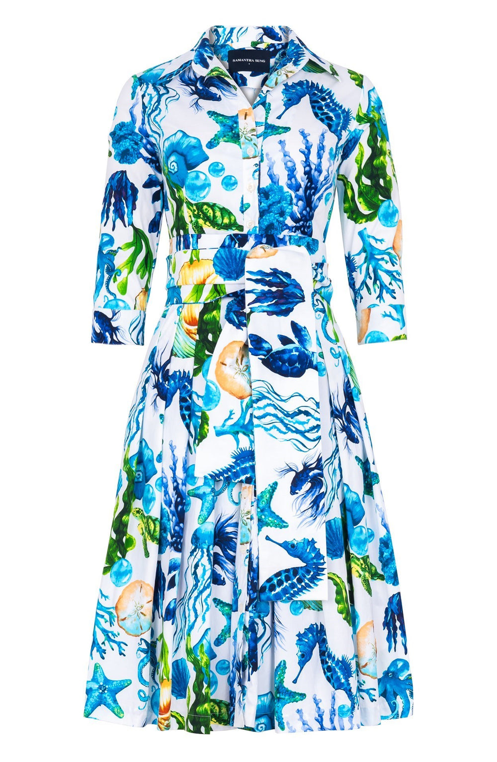 Audrey Dress #4 Shirt Collar 3/4 Sleeve Long Length Cotton Stretch (Under The Sea)