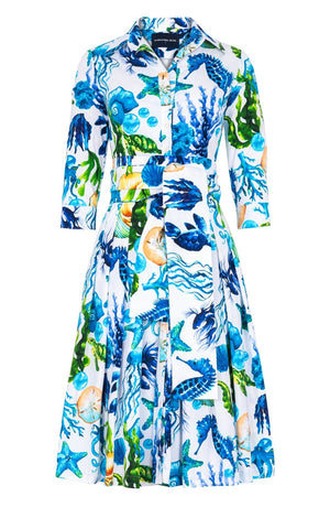 Audrey Dress #4 Shirt Collar 3/4 Sleeve Long Length Cotton Stretch (Under The Sea)