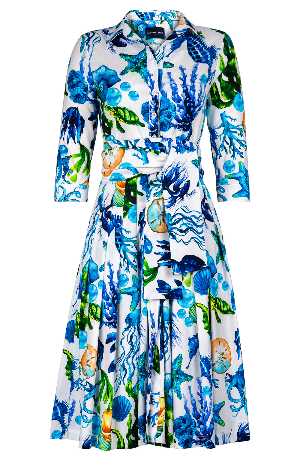 Audrey Dress #4 Shirt Collar 3/4 Sleeve Long Length Cotton Stretch (Under The Sea)