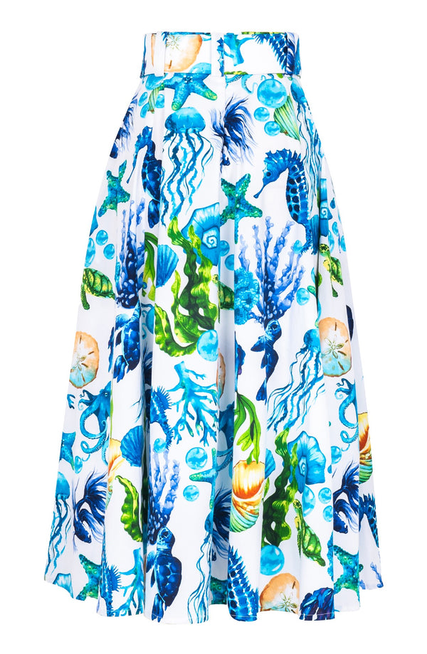 Avenue Skirt Midi Length Cotton Stretch (Under The Sea)