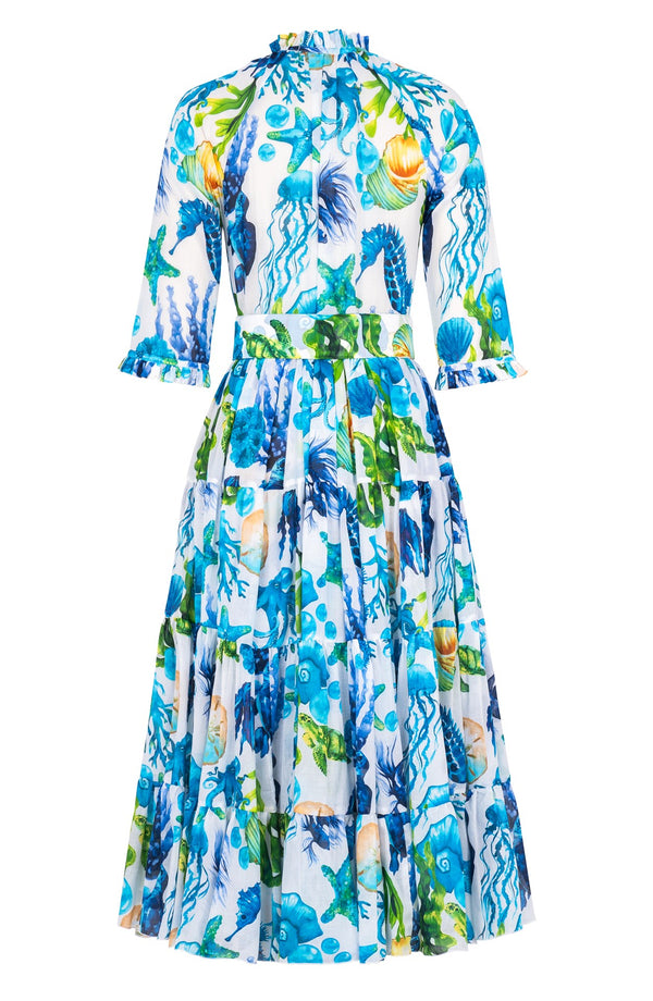 Eva Dress Crew Neck 3/4 Sleeve Midi Length Cotton Musola (Under The Sea)