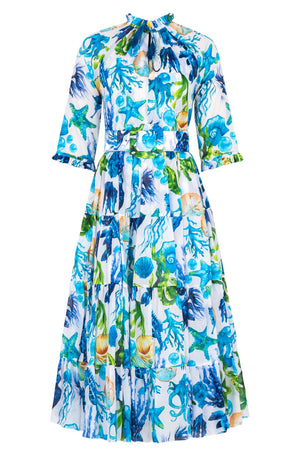 Eva Dress Crew Neck 3/4 Sleeve Midi Length Cotton Musola (Under The Sea)