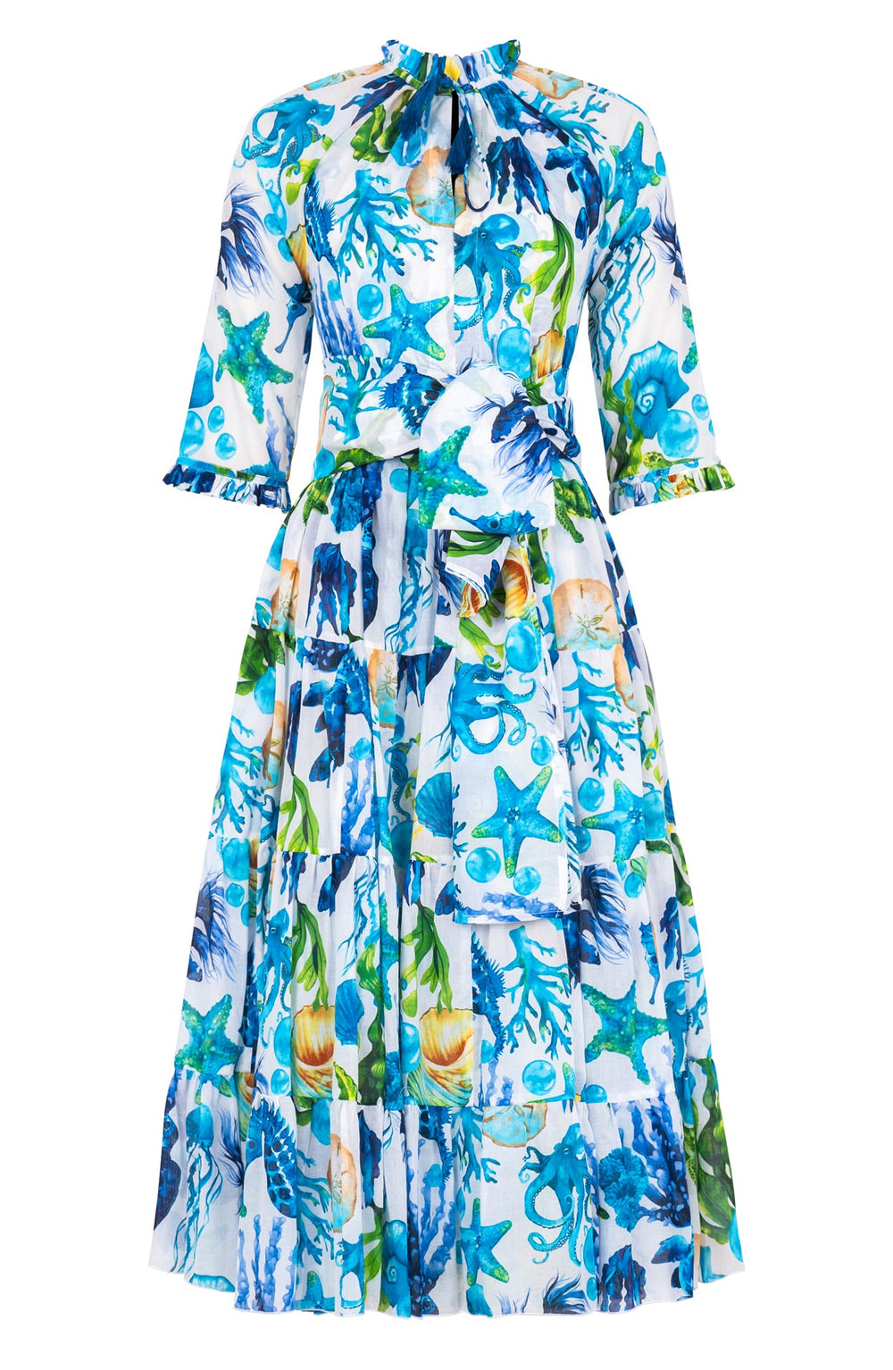 Eva Dress Crew Neck 3/4 Sleeve Midi Length Cotton Musola (Under The Sea)