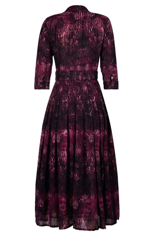 Audrey Dress #4 Shirt Collar 3/4 Sleeve Midi Plus Length Wool (Venezia Velvet) - Raspberry