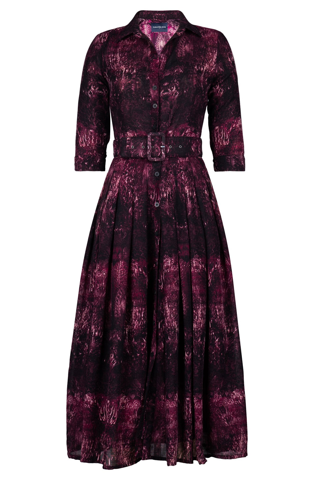 Audrey Dress #4 Shirt Collar 3/4 Sleeve Midi Plus Length Wool (Venezia Velvet) - Raspberry