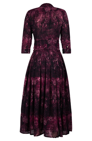 Audrey Dress #4 Shirt Collar 3/4 Sleeve Midi Plus Length Wool (Venezia Velvet) - Raspberry