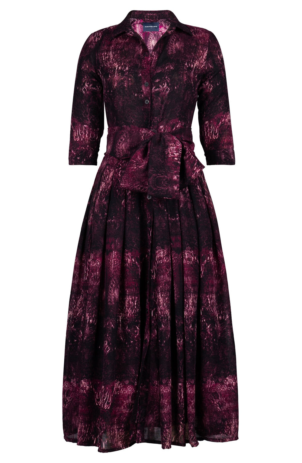 Audrey Dress #4 Shirt Collar 3/4 Sleeve Midi Plus Length Wool (Venezia Velvet) - Raspberry