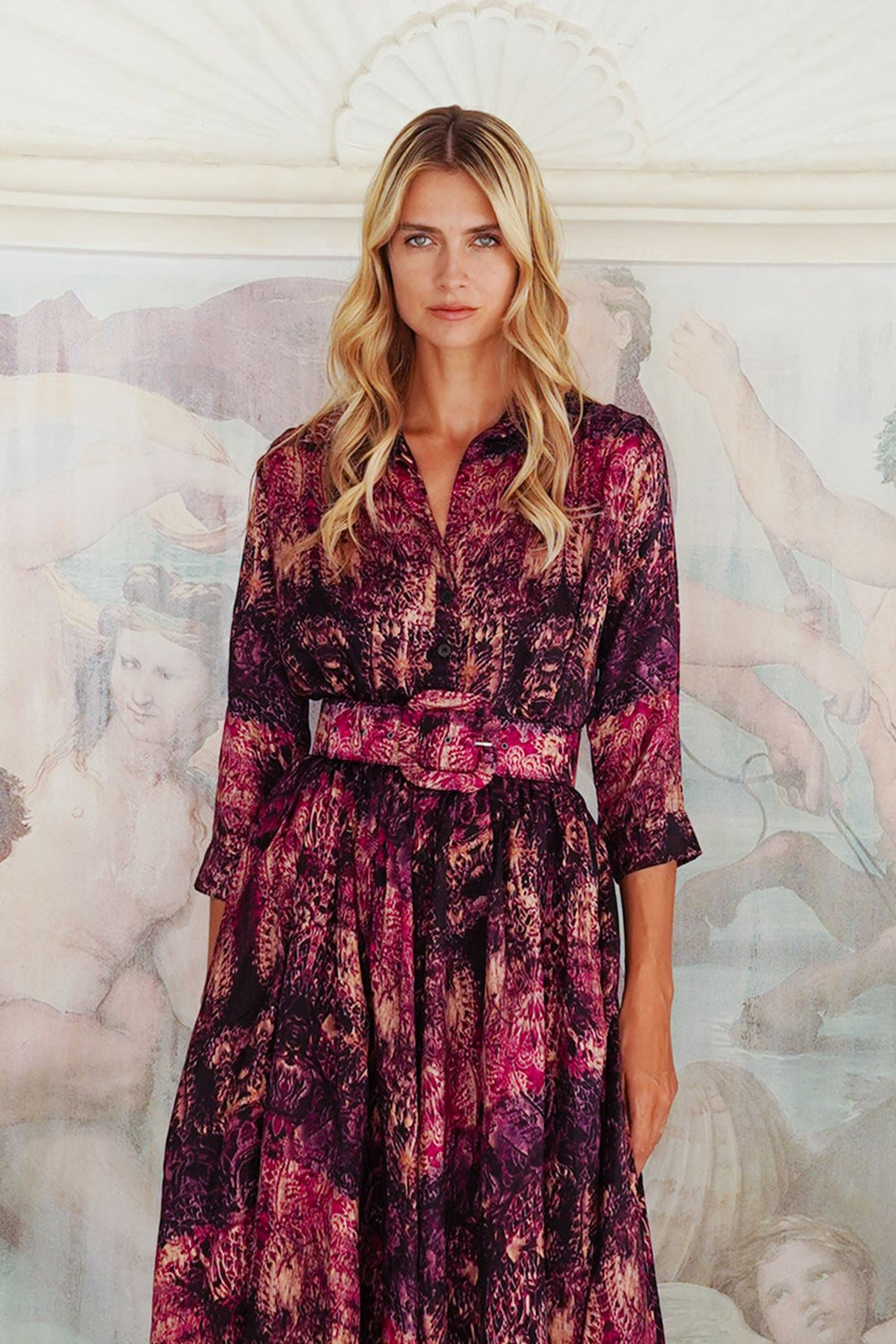 Terry Dress Shirt Collar 3/4 Sleeve Midi Plus Length Poliamide Taffta (Venezia)