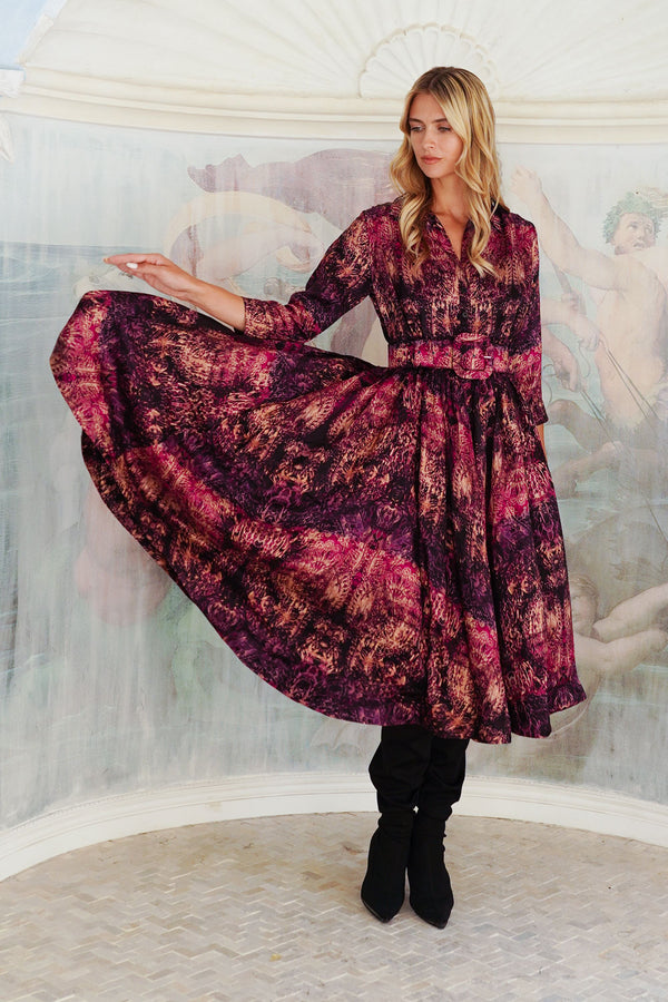 Terry Dress Shirt Collar 3/4 Sleeve Midi Plus Length Poliamide Taffta (Venezia)