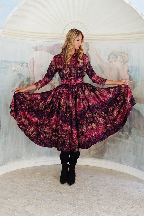 Terry Dress Shirt Collar 3/4 Sleeve Midi Plus Length Poliamide Taffta (Venezia)