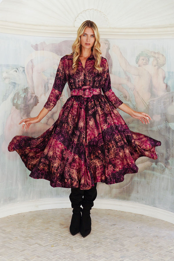 Terry Dress Shirt Collar 3/4 Sleeve Midi Plus Length Poliamide Taffta (Venezia)