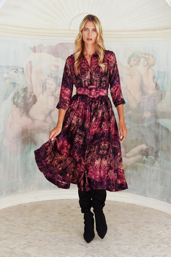 Terry Dress Shirt Collar 3/4 Sleeve Midi Plus Length Poliamide Taffta (Venezia)