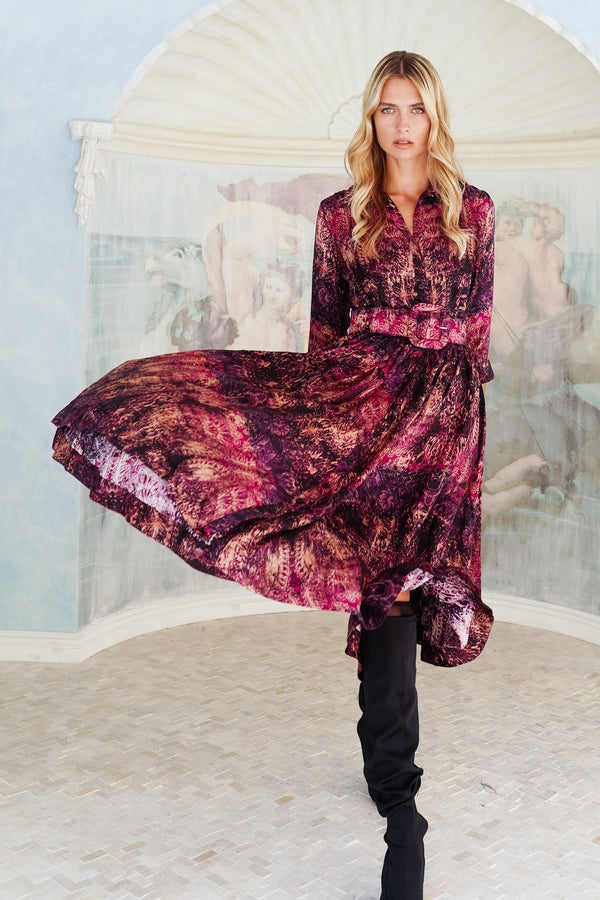 Terry Dress Shirt Collar 3/4 Sleeve Midi Plus Length Poliamide Taffta (Venezia)