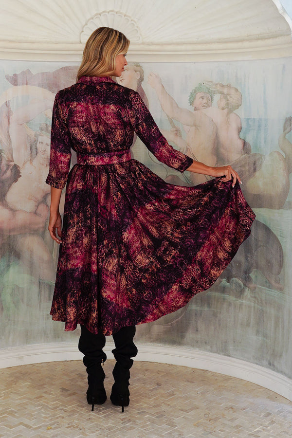 Terry Dress Shirt Collar 3/4 Sleeve Midi Plus Length Poliamide Taffta (Venezia)