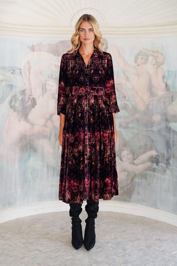 Audrey Dress #3 Shirt Collar 3/4 Sleeve Midi Length Silk Velvet (Venezia)