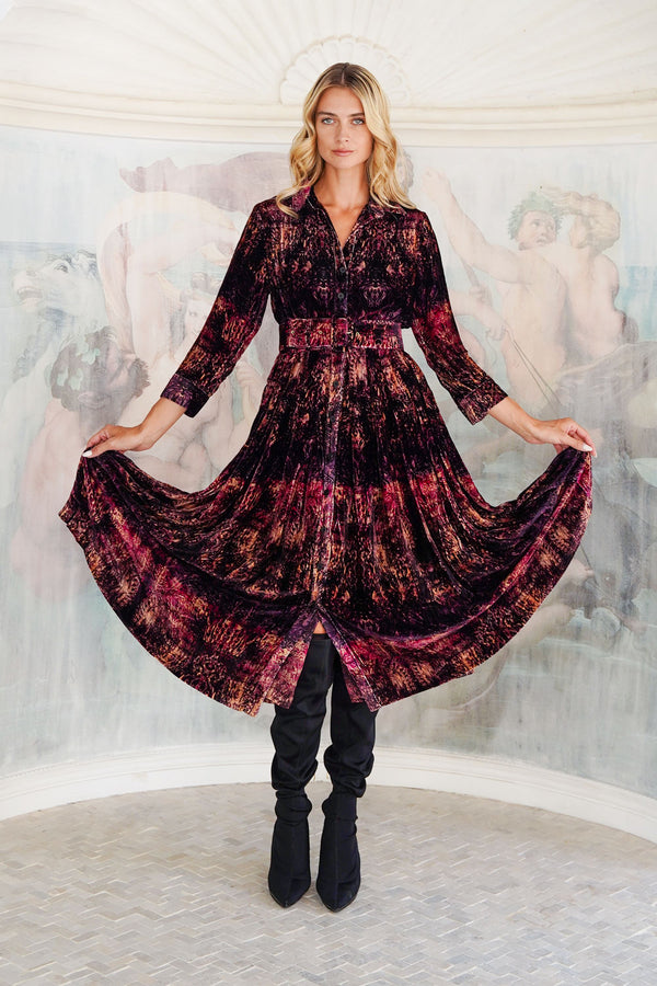 Audrey Dress #3 Shirt Collar 3/4 Sleeve Midi Length Silk Velvet (Venezia)