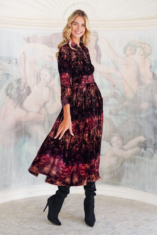Audrey Dress #3 Shirt Collar 3/4 Sleeve Midi Length Silk Velvet (Venezia)