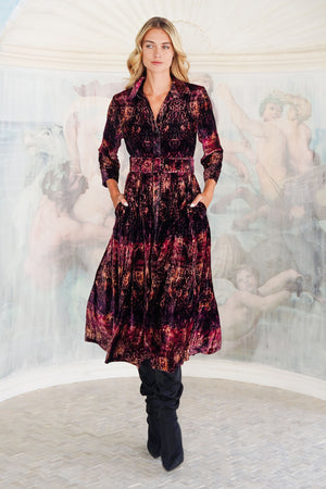 Audrey Dress #3 Shirt Collar 3/4 Sleeve Midi Length Silk Velvet (Venezia)