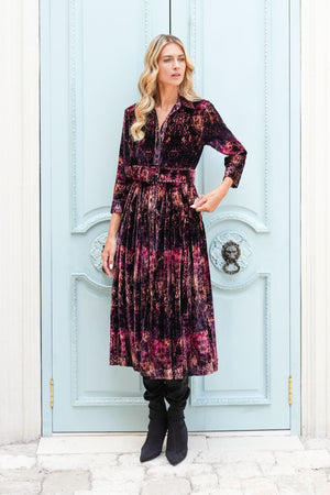 Audrey Dress #3 Shirt Collar 3/4 Sleeve Midi Length Silk Velvet (Venezia)