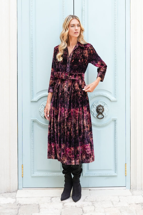 Audrey Dress #3 Shirt Collar 3/4 Sleeve Midi Length Silk Velvet (Venezia)