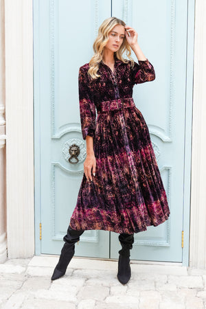 Audrey Dress #3 Shirt Collar 3/4 Sleeve Midi Length Silk Velvet (Venezia)