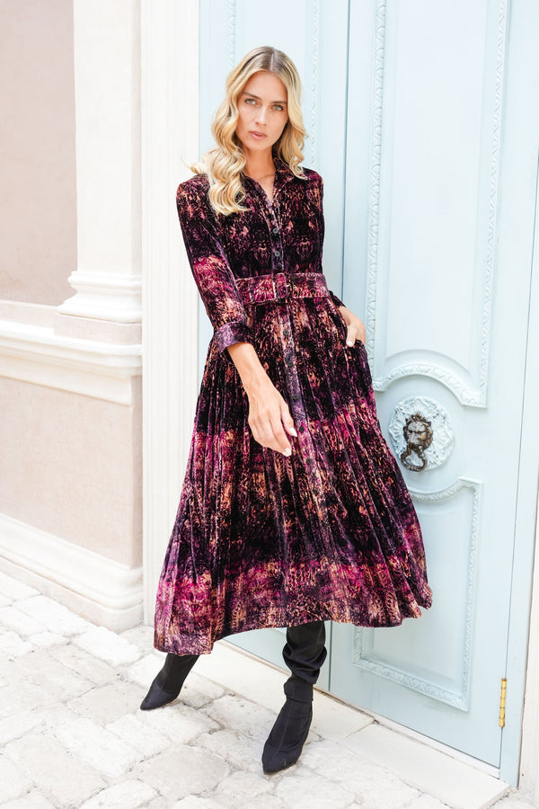 Audrey Dress #3 Shirt Collar 3/4 Sleeve Midi Length Silk Velvet (Venezia)