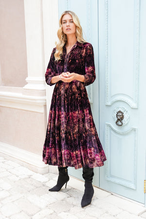 Audrey Dress #3 Shirt Collar 3/4 Sleeve Midi Length Silk Velvet (Venezia)