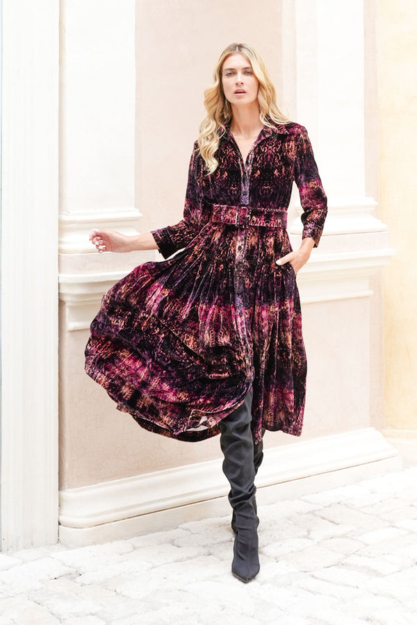 Audrey Dress #3 Shirt Collar 3/4 Sleeve Midi Length Silk Velvet (Venezia)