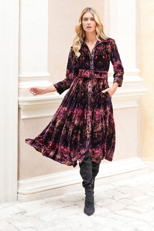 Audrey Dress #3 Shirt Collar 3/4 Sleeve Midi Length Silk Velvet (Venezia)