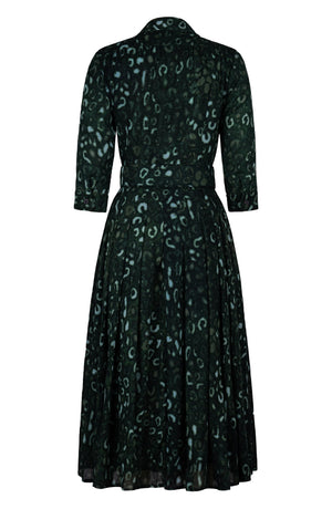 Audrey Dress #4 Shirt Collar 3/4 Sleeve Midi Length Wool (Victoria Leopard Dark) - Olive Green