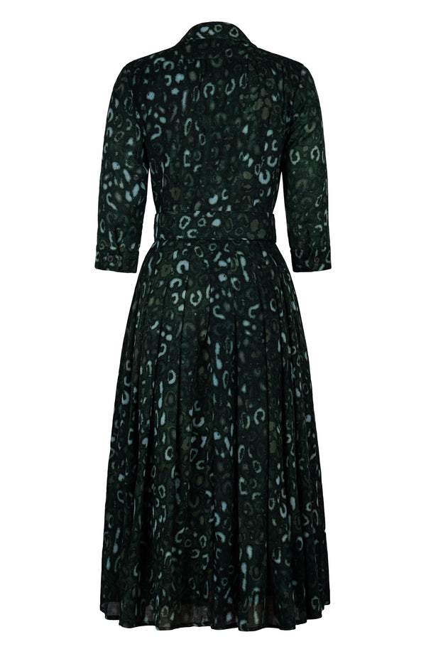Audrey Dress #4 Shirt Collar 3/4 Sleeve Midi Length Wool (Victoria Leopard Dark) - Olive Green