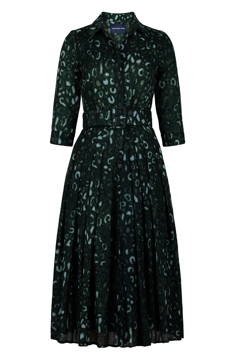 Audrey Dress #4 Shirt Collar 3/4 Sleeve Midi Length Wool (Victoria Leopard Dark) - Olive Green