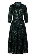 Audrey Dress #4 Shirt Collar 3/4 Sleeve Midi Length Wool (Victoria Leopard Dark) - Olive Green