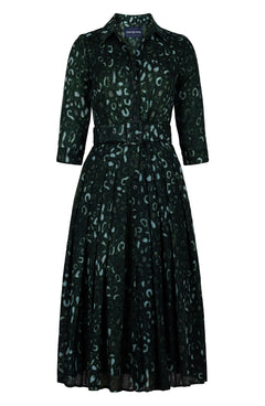 Audrey Dress #4 Shirt Collar 3/4 Sleeve Midi Length Wool (Victoria Leopard Dark) - Olive Green