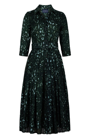 Audrey Dress #4 Shirt Collar 3/4 Sleeve Midi Length Wool (Victoria Leopard Dark) - Olive Green