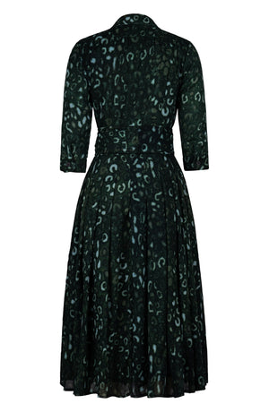 Audrey Dress #4 Shirt Collar 3/4 Sleeve Midi Length Wool (Victoria Leopard Dark) - Olive Green