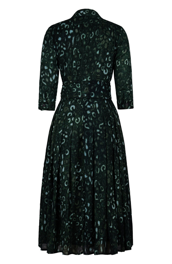 Audrey Dress #4 Shirt Collar 3/4 Sleeve Midi Length Wool (Victoria Leopard Dark) - Olive Green