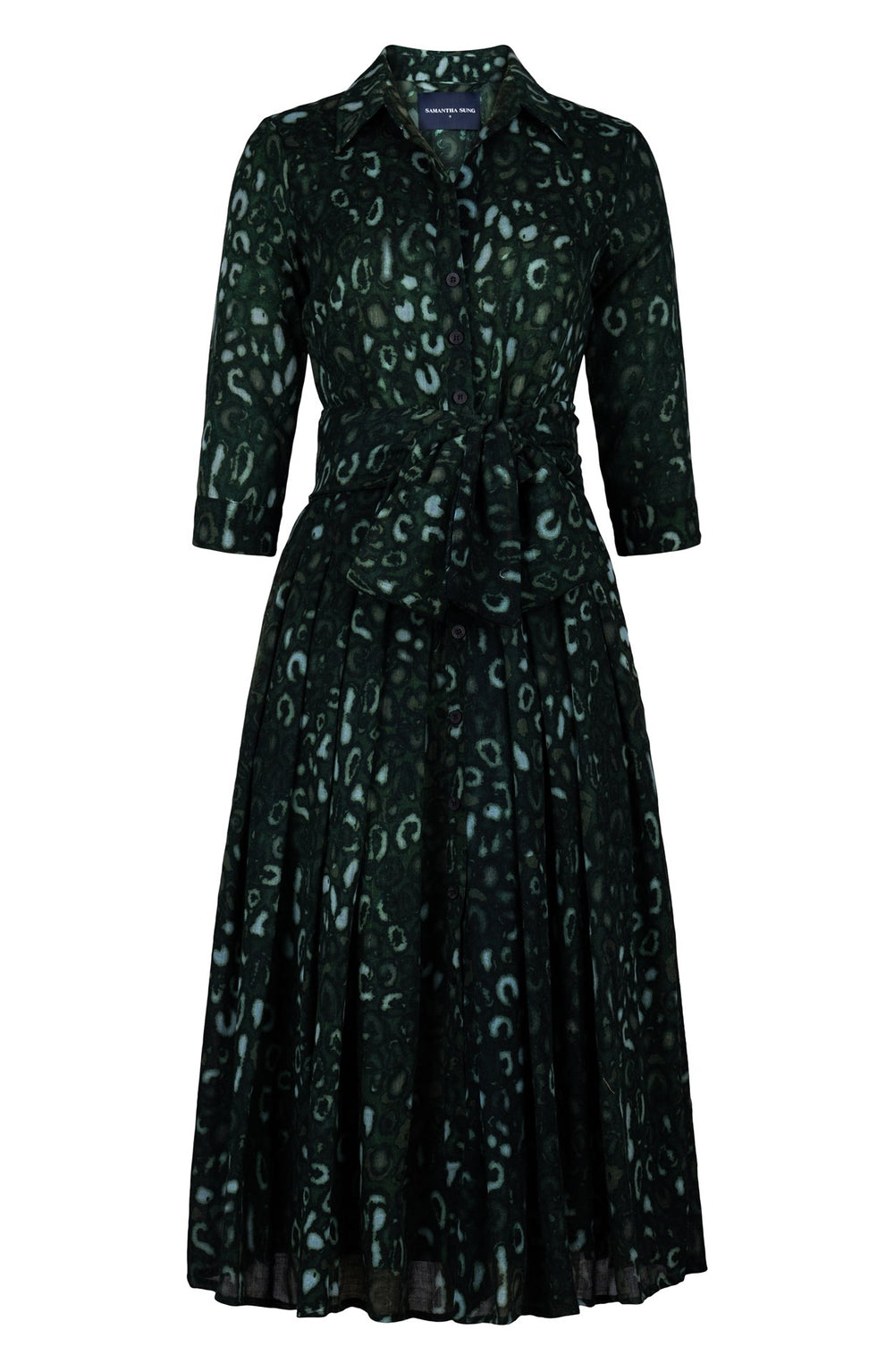 Audrey Dress #4 Shirt Collar 3/4 Sleeve Midi Length Wool (Victoria Leopard Dark) - Olive Green