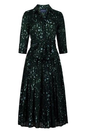 Audrey Dress #4 Shirt Collar 3/4 Sleeve Midi Length Wool (Victoria Leopard Dark) - Olive Green